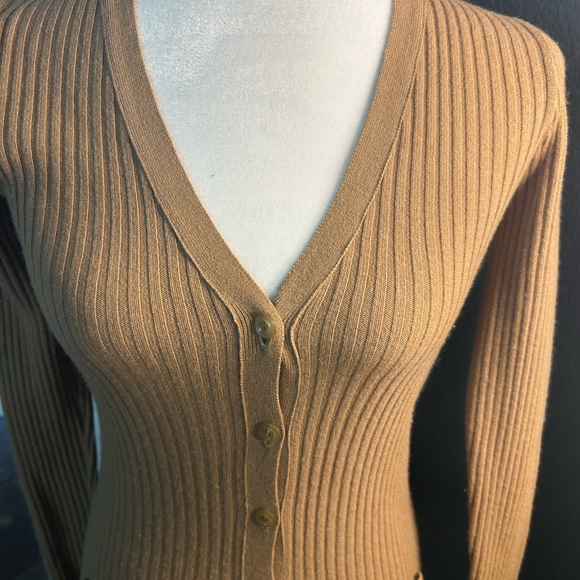 Harrods Cashmere Camel Ribbed V-Neck Button-Front Cardigan - Picture 3 of 7